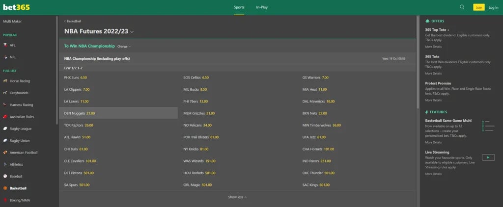 bet365 NBA betting